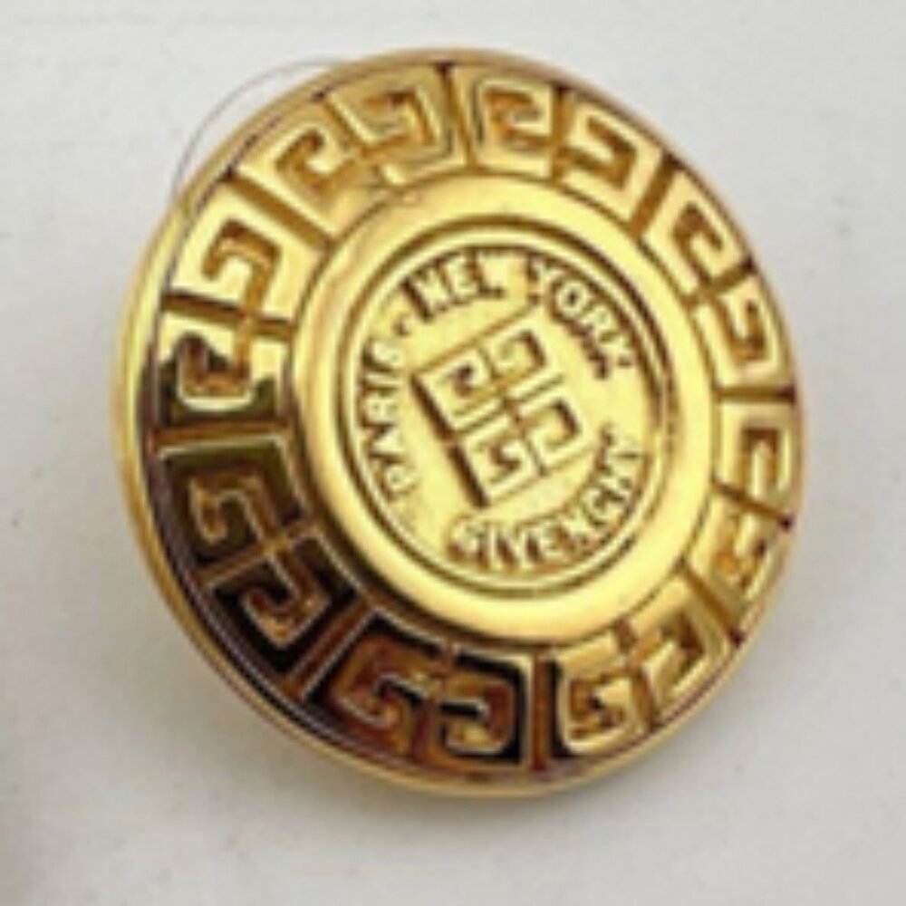 GIVENCHY New York Paris Gold Tone Medallion Greek Key Logo Post Earrings Vintage
